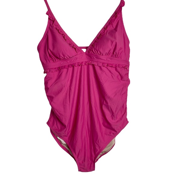 Isabel Maternity Ruffle Neck One Piece Pink Maternity Swimsuit - Picture 2 of 8